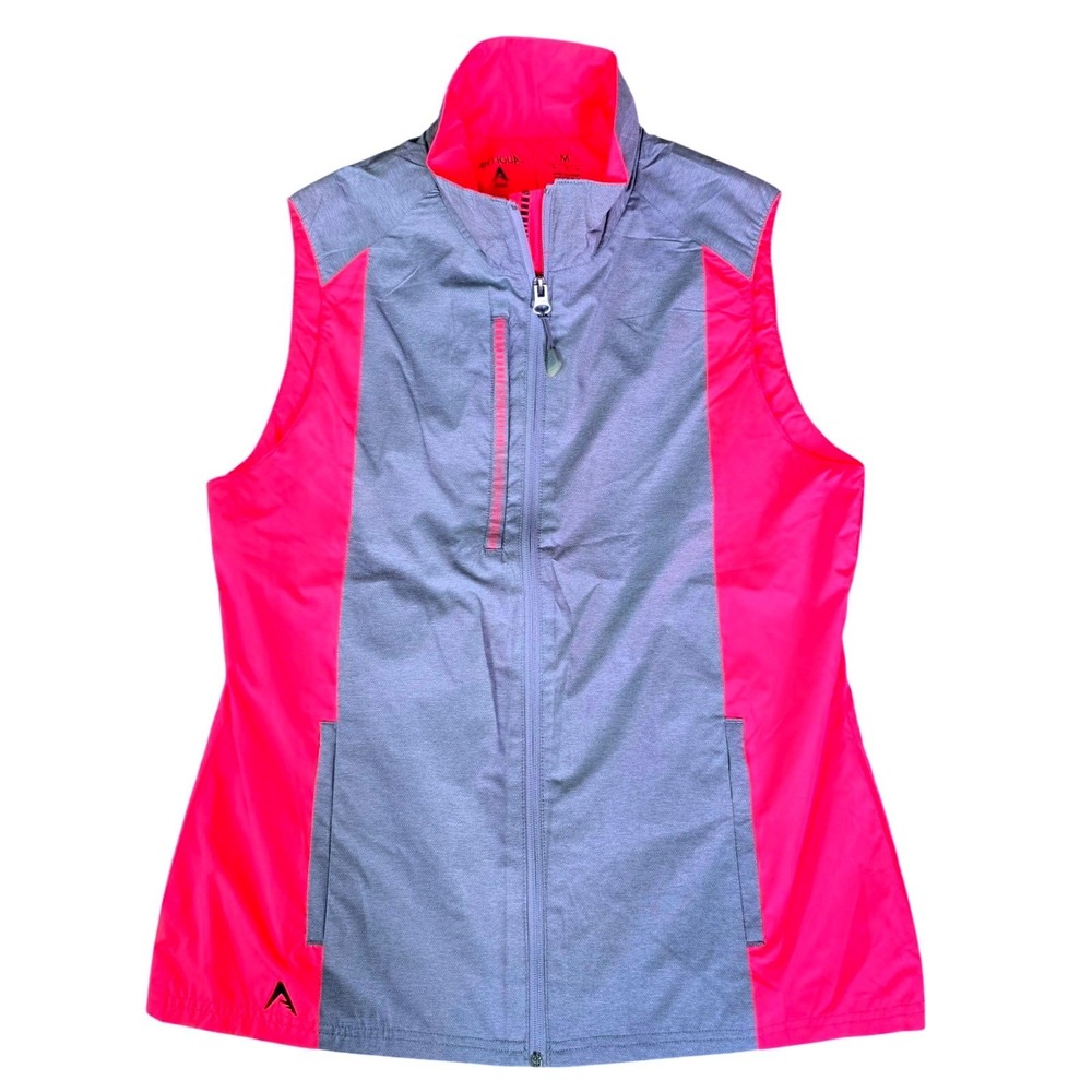 Antigua Golf Vest Womens M Grey Neon Pink Full Zip Mesh Lined